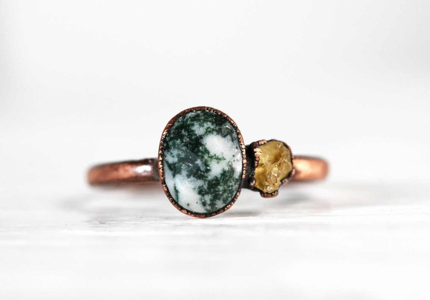 Moss Agate Ring - Double Stone - Raw Citrine