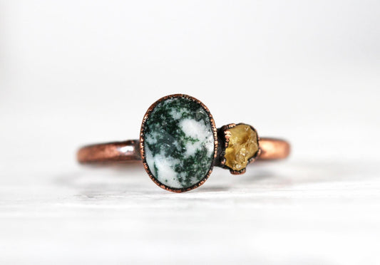 Moss Agate Ring - Double Stone - Raw Citrine