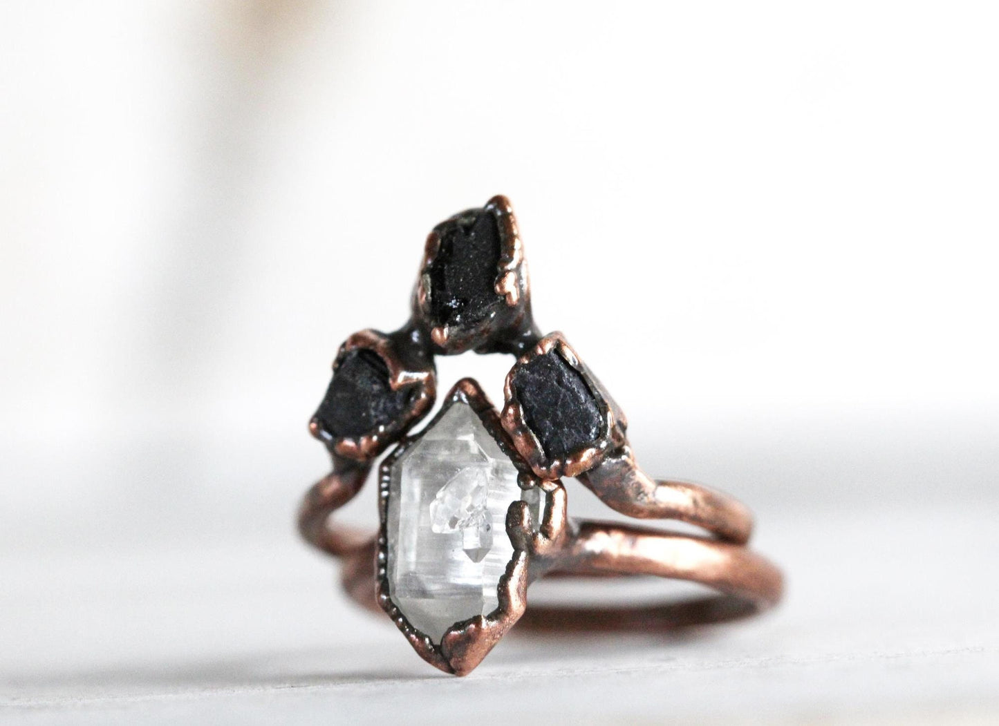Black Tourmaline Ring Set - Chevron Wedding Set - Raw Stone Engagement Ring