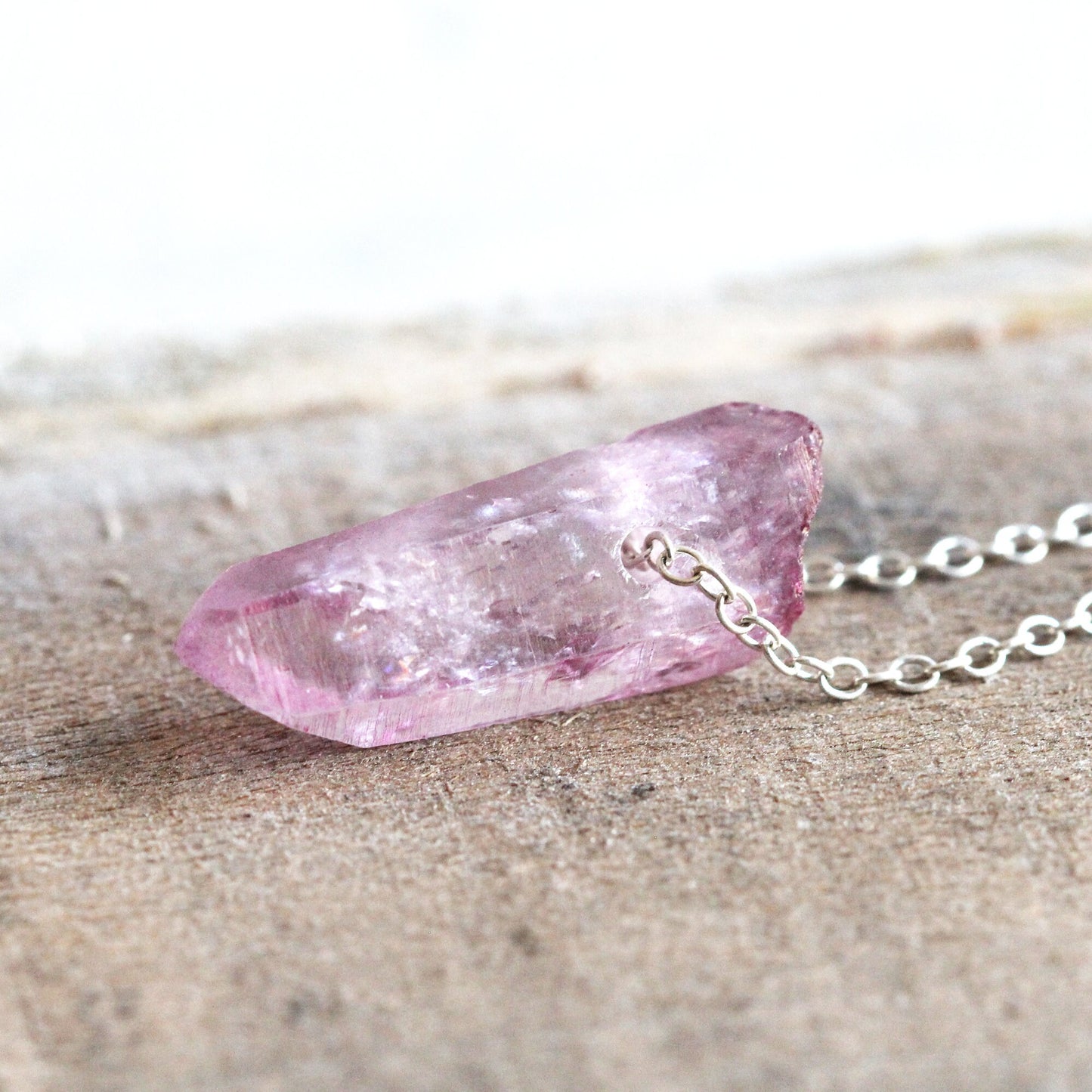 Aura Crystal Pendant - Sterling Silver Chain - Pink Quartz Necklace
