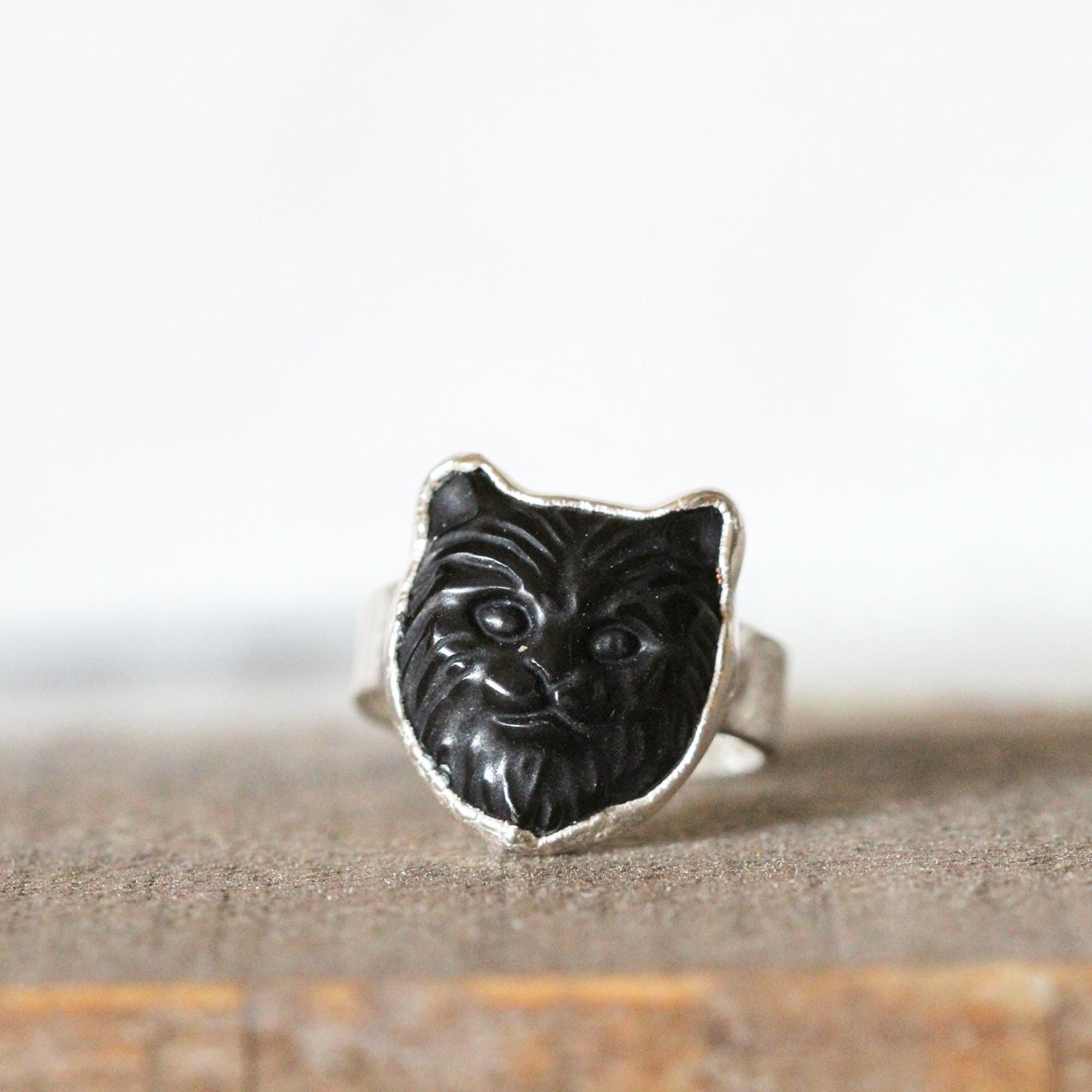 Cat Ring - Black Obsidian Jewelry - Carved Stone Ring