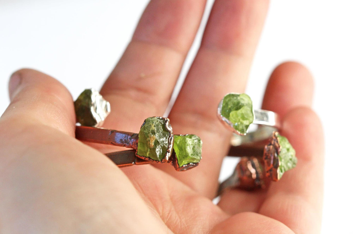 Raw Peridot Bracelet - August Birthstone - Open Copper Cuff - Raw Crystal Bracelet - Double Stone Bracelet
