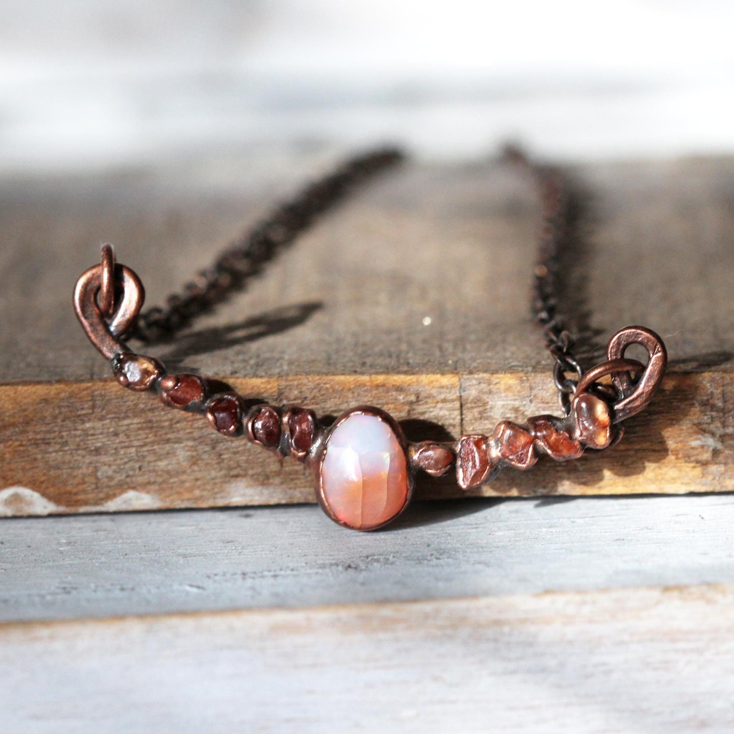 Mexican Opal Necklace - October Birthstone - Orange Sapphire Bib Necklace