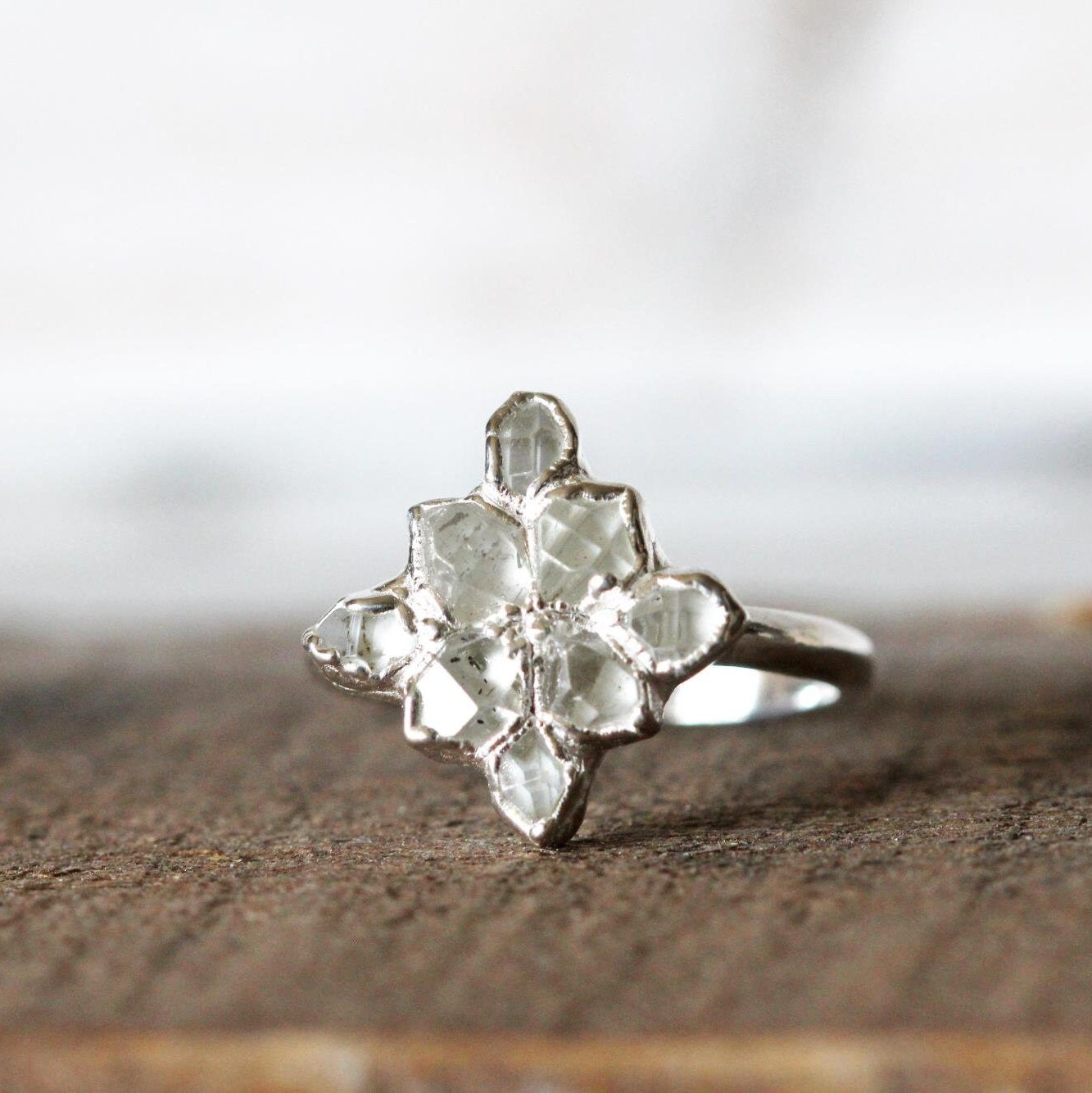 Herkimer Diamond Cluster Ring - Gift for Her - April Birthstone