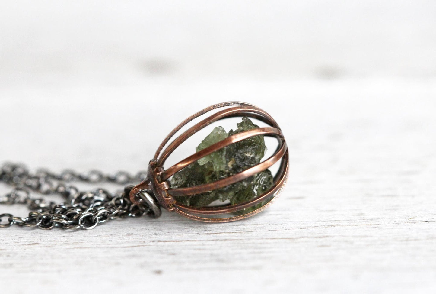 Moldavite Pendant - Vintage Cage Necklace - Mixed Metal Jewelry