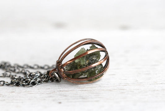 Moldavite Pendant - Vintage Cage Necklace - Mixed Metal Jewelry