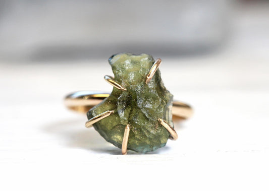 Raw Moldavite Ring - Genuine Moldavite - Gold Filled