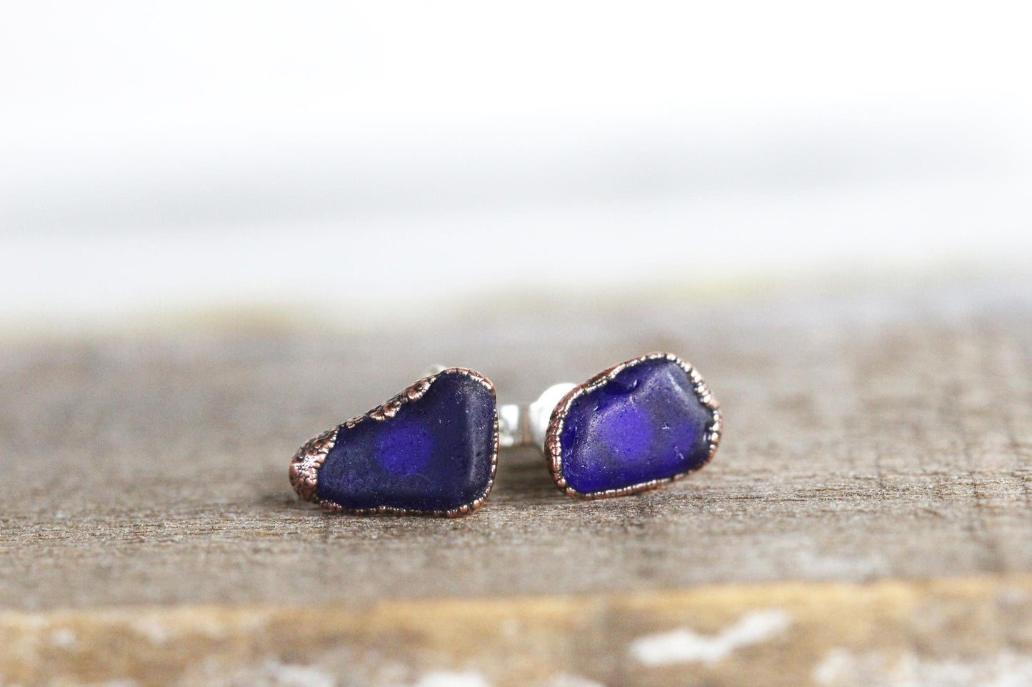 Sea Glass Earrings - Post Earrings - Sapphire Blue Beach Glass - Sterling Silver Stud Earrings