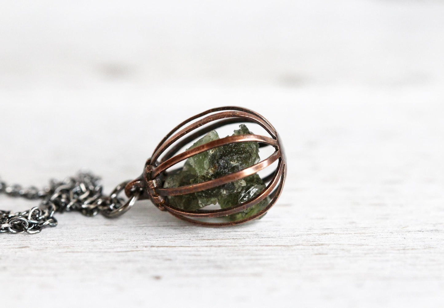Moldavite Pendant - Vintage Cage Necklace - Mixed Metal Jewelry