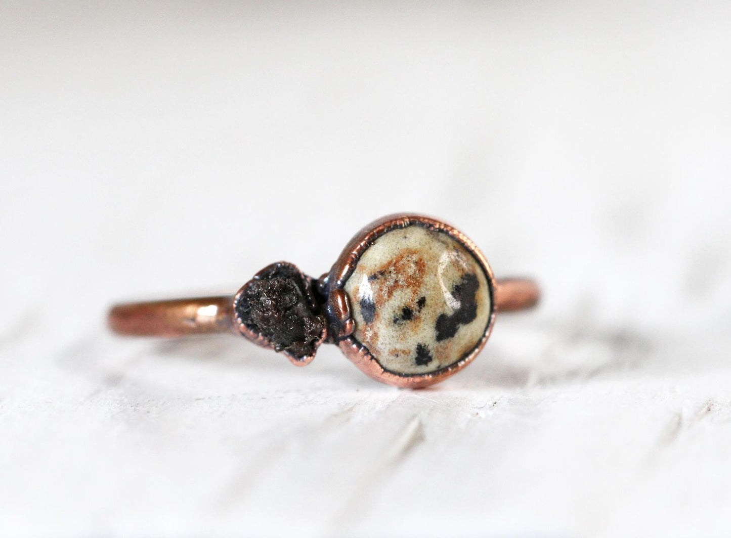 Dalmatian Jasper Ring  - Raw Black Onyx - Gold Vermeil Jewelry