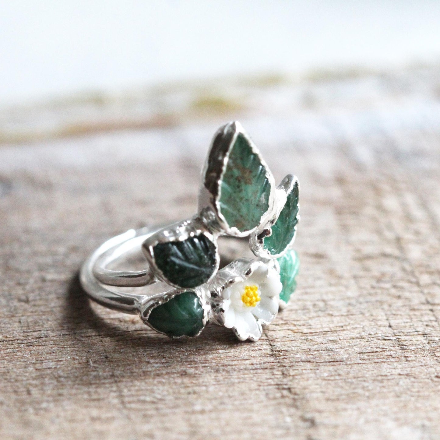 Emerald Wedding Ring Set - Floral Theme - Spring Wedding