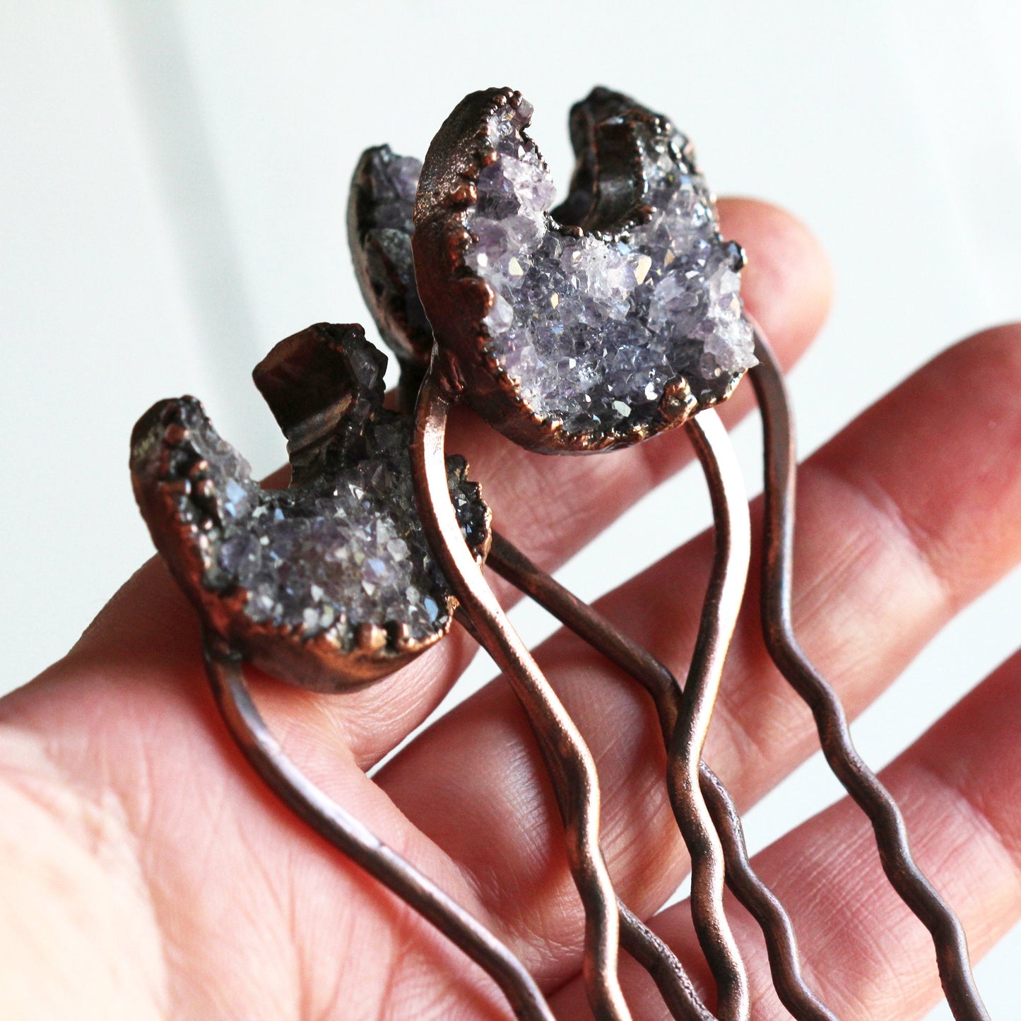 Amethyst Hair Fork - Raw Stone Hair Jewelry - Crescent Moon