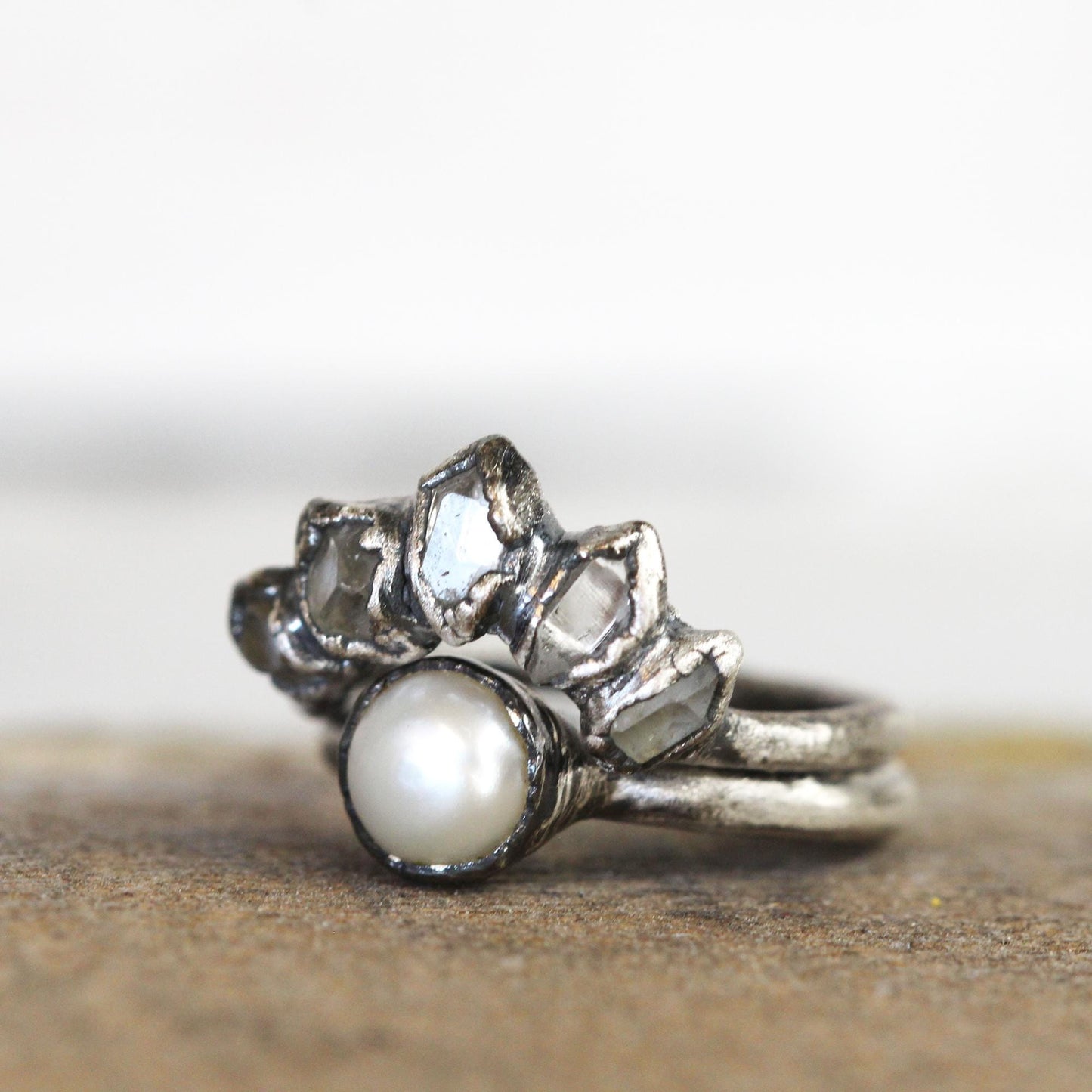 Wedding Ring Set - Pearl Wedding Set - Herkimer Engagement Ring