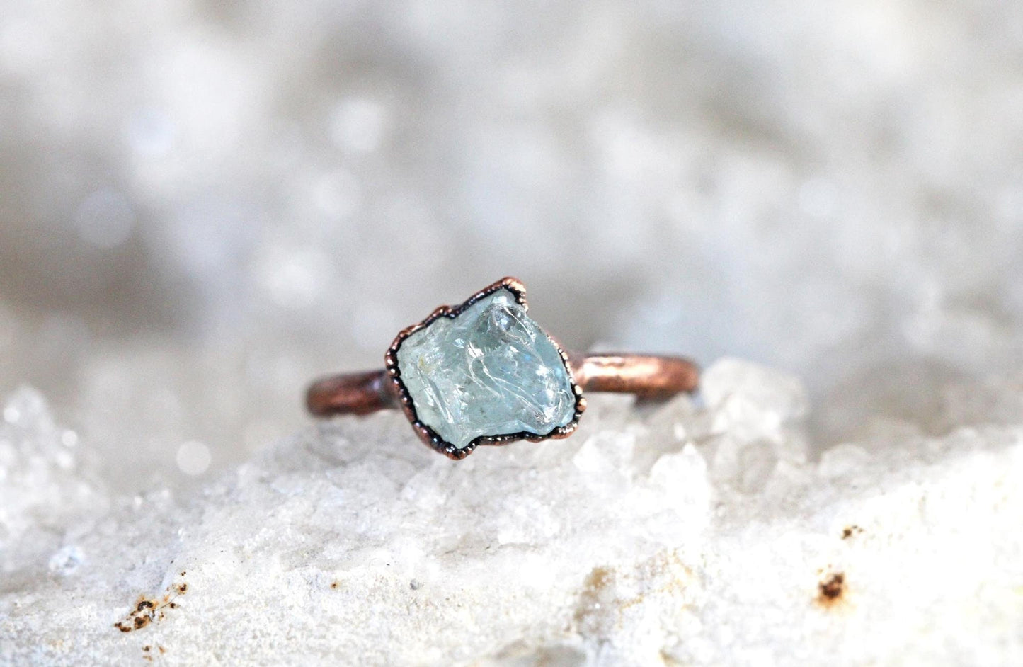 Raw Aquamarine Ring -  Electroformed Jewelry - Rose Gold Plated