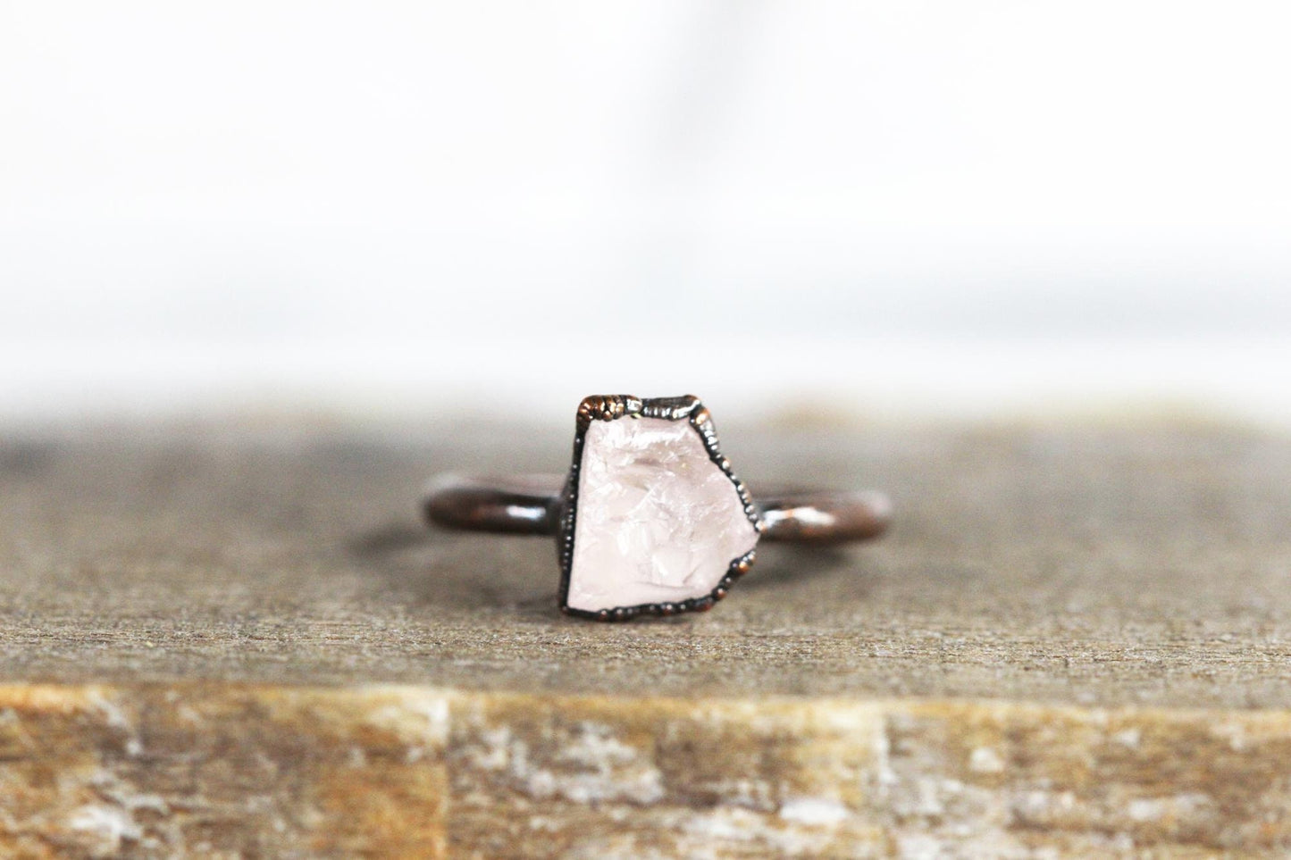 Rose Quartz Ring  - Raw Pink Crystal Ring - Electroformed Copper