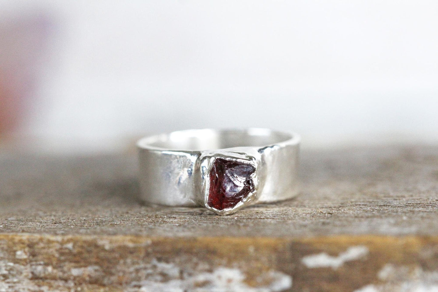 Raw Garnet Ring - Men's Jewelry - Wide Band Garnet Ring - January Birthstone
