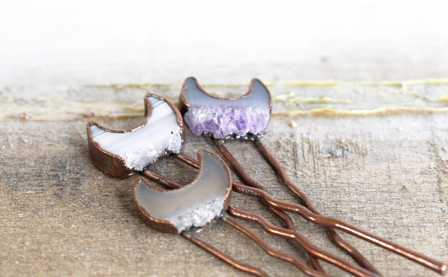 Amethyst Hair Pin - Small Hair Pin - Moon Hair Comb - Druzy Amethyst Slice