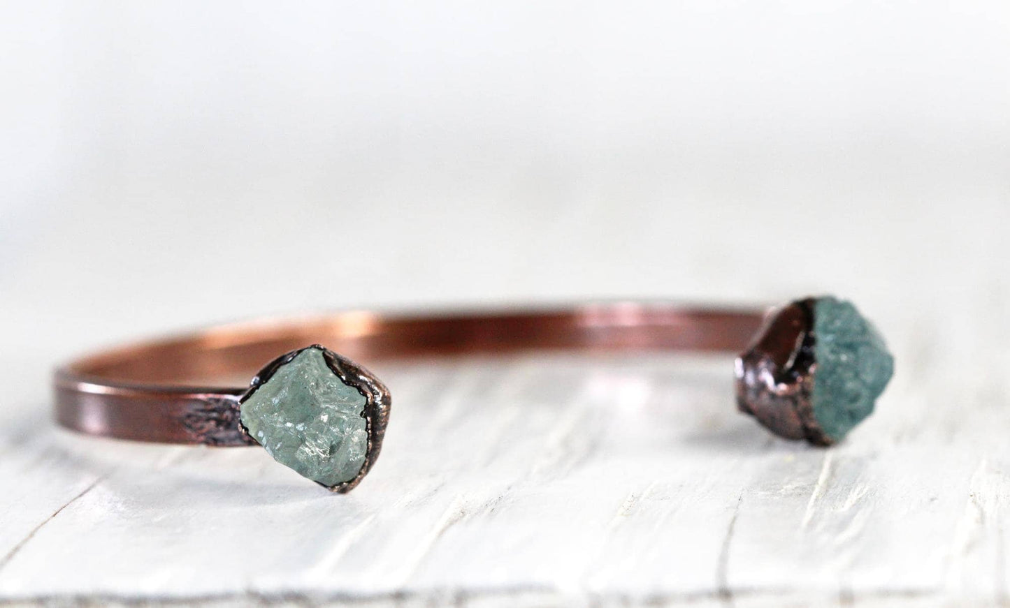 Raw Aquamarine Bracelet - March Birthstone - Open Copper Cuff - Raw Crystal Bracelet - Double Stone Bracelet