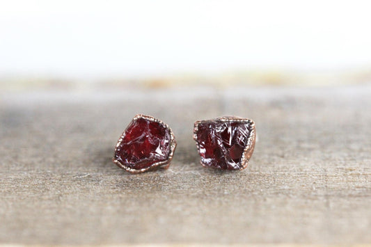 Raw Garnet Earrings - Raw Stone Studs - January Birthstone Jewelry - Crystal Post Earrings