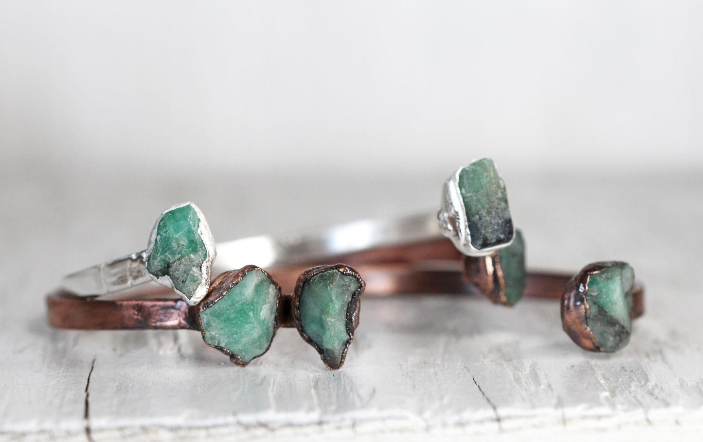 Raw Emerald Bracelet - May Birthstone - Open Copper Cuff - Raw Crystal Bracelet - Double Stone Bracelet