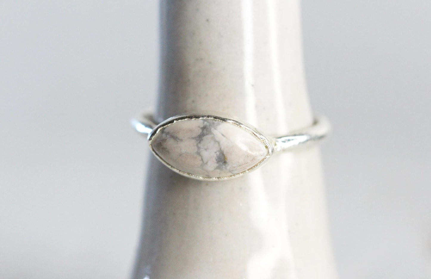 Howlite Ring - Simple Stone Stacker - Marquise Cabochon - Electroformed Stone