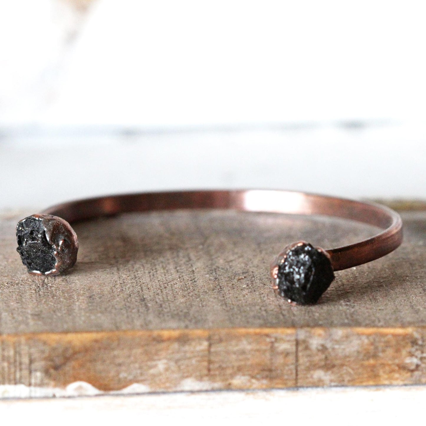 Black Tourmaline Bracelet - Open Copper Cuff - Raw Crystal Bracelet - Double Stone Bracelet