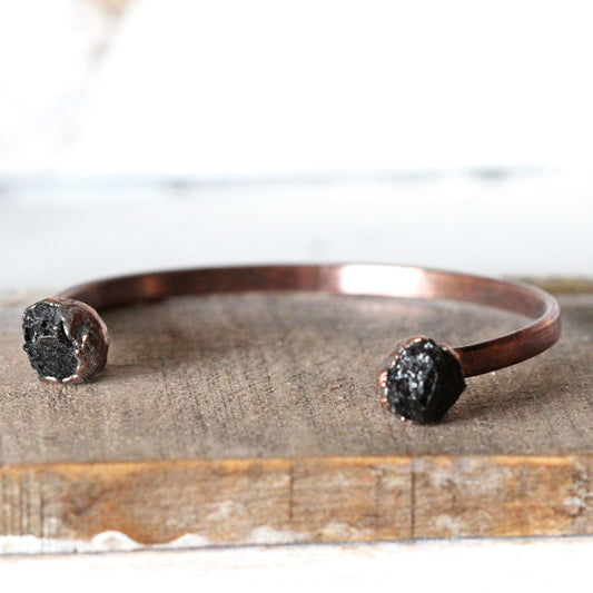 Black Tourmaline Bracelet - Open Copper Cuff - Raw Crystal Bracelet - Double Stone Bracelet