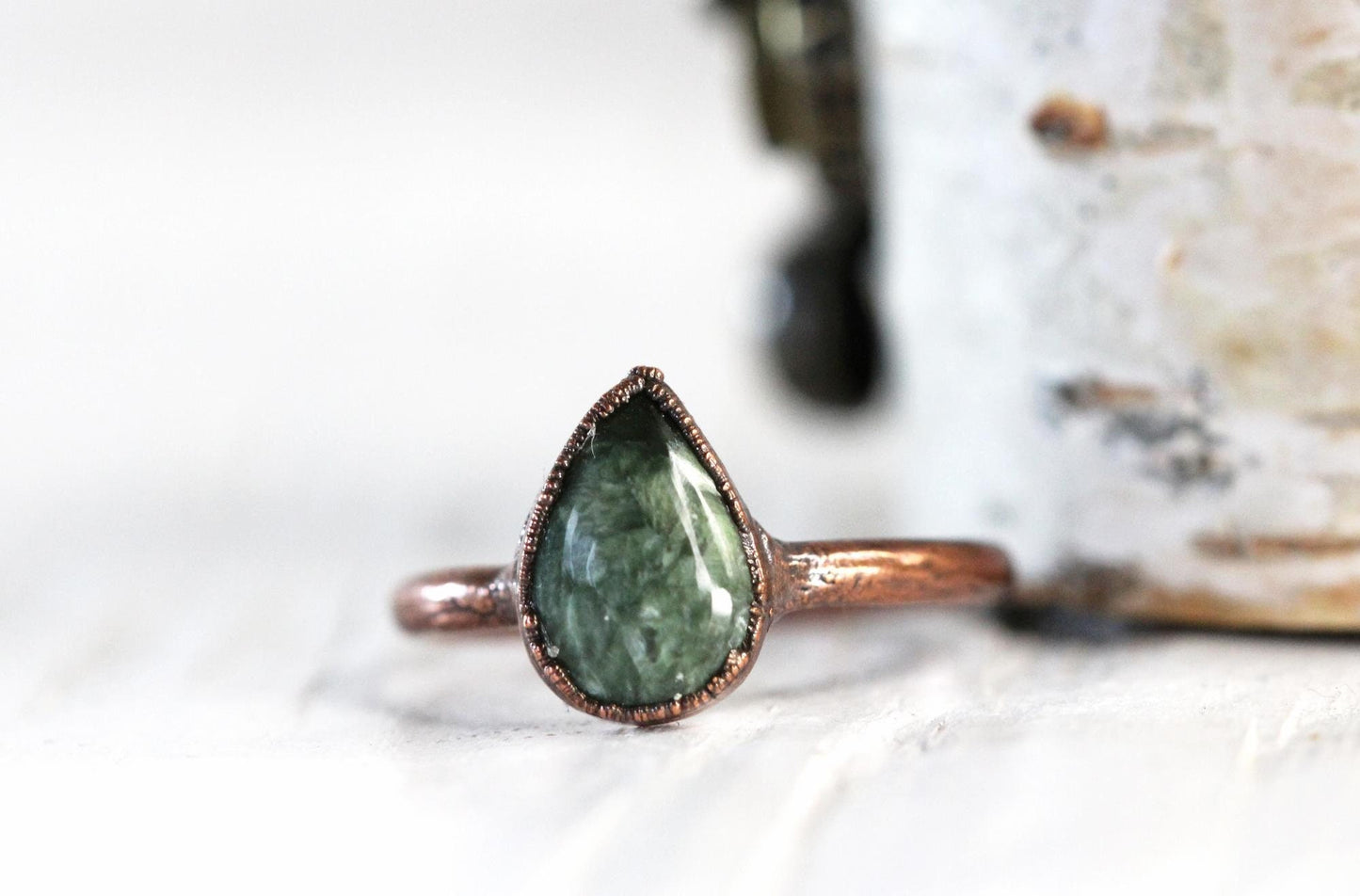 Seraphinite Ring - Electroformed Stacking Ring - Teardrop Stone