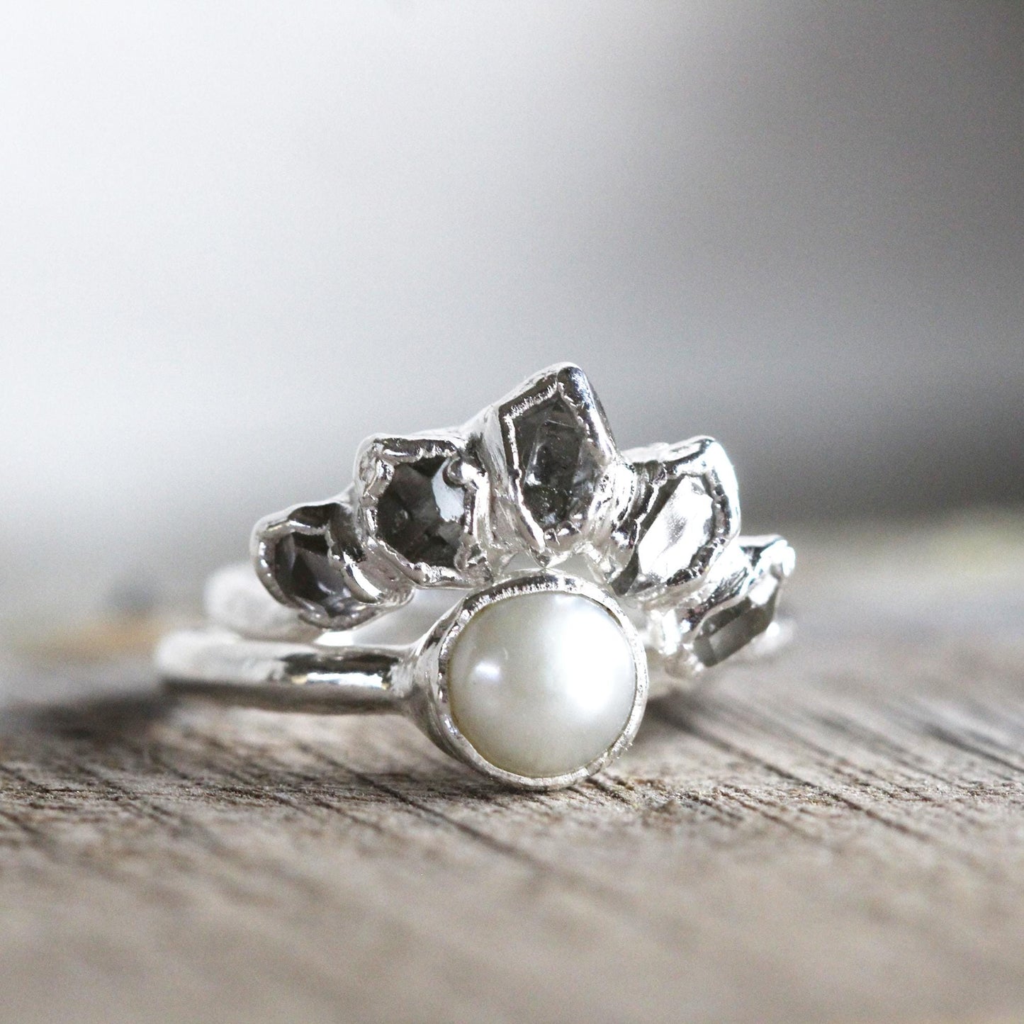 Wedding Ring Set - Pearl Wedding Set - Herkimer Engagement Ring