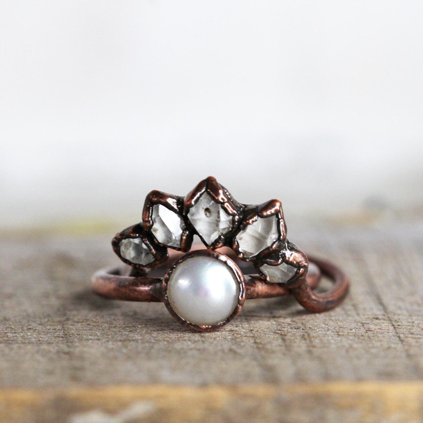 Wedding Ring Set - Pearl Wedding Set - Herkimer Engagement Ring