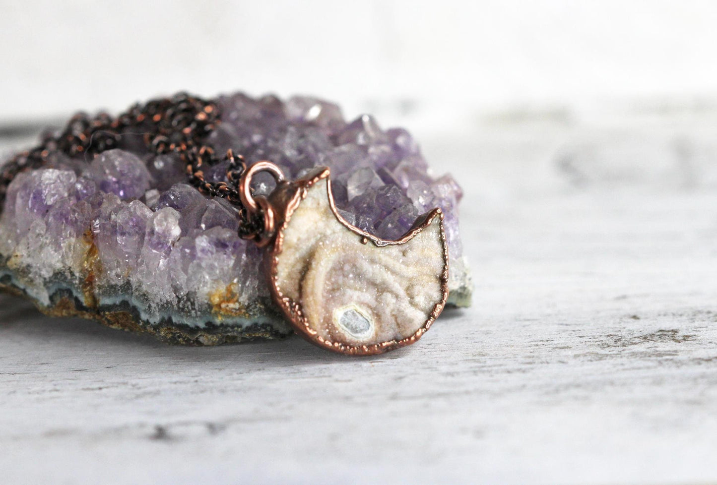 Crescent Moon Necklace - Raw Crystal Pendant - Half Moon Necklace - Druzy Crystal - Crescent Moon Jewelry