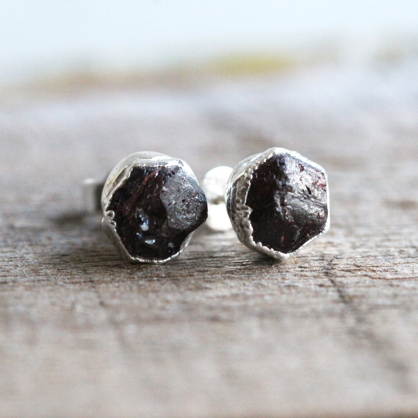 Raw Garnet Earrings - Raw Stone Posts - Sterling Silver Stud Earrings - January Birthstone