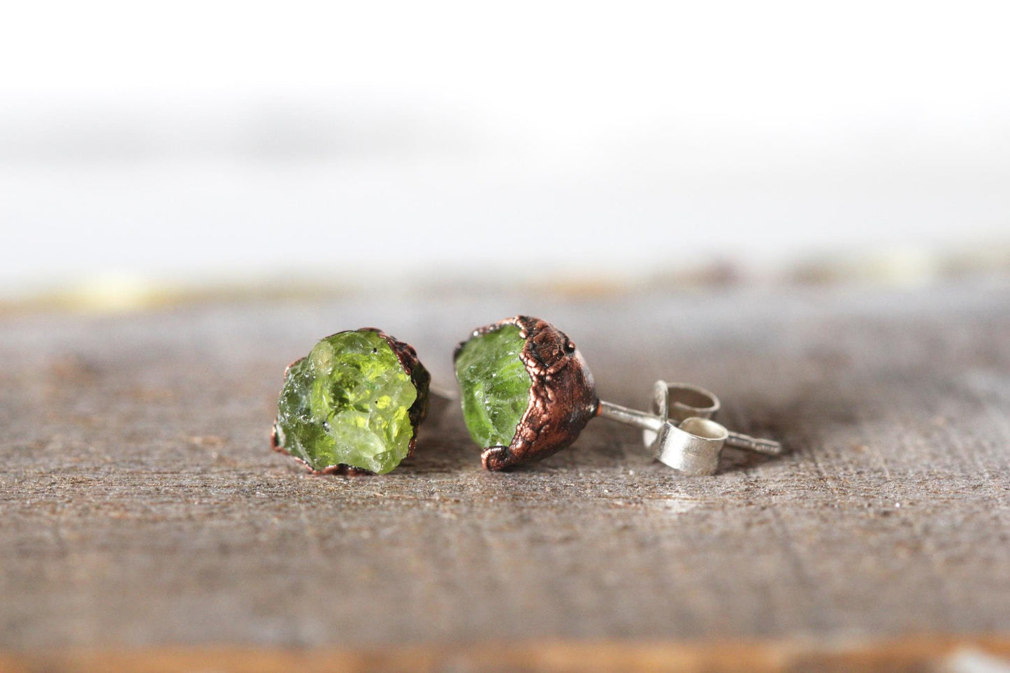 Peridot Earrings - Sterling Silver Studs - August Birthstone Jewelry - Electroformed Post Earrings