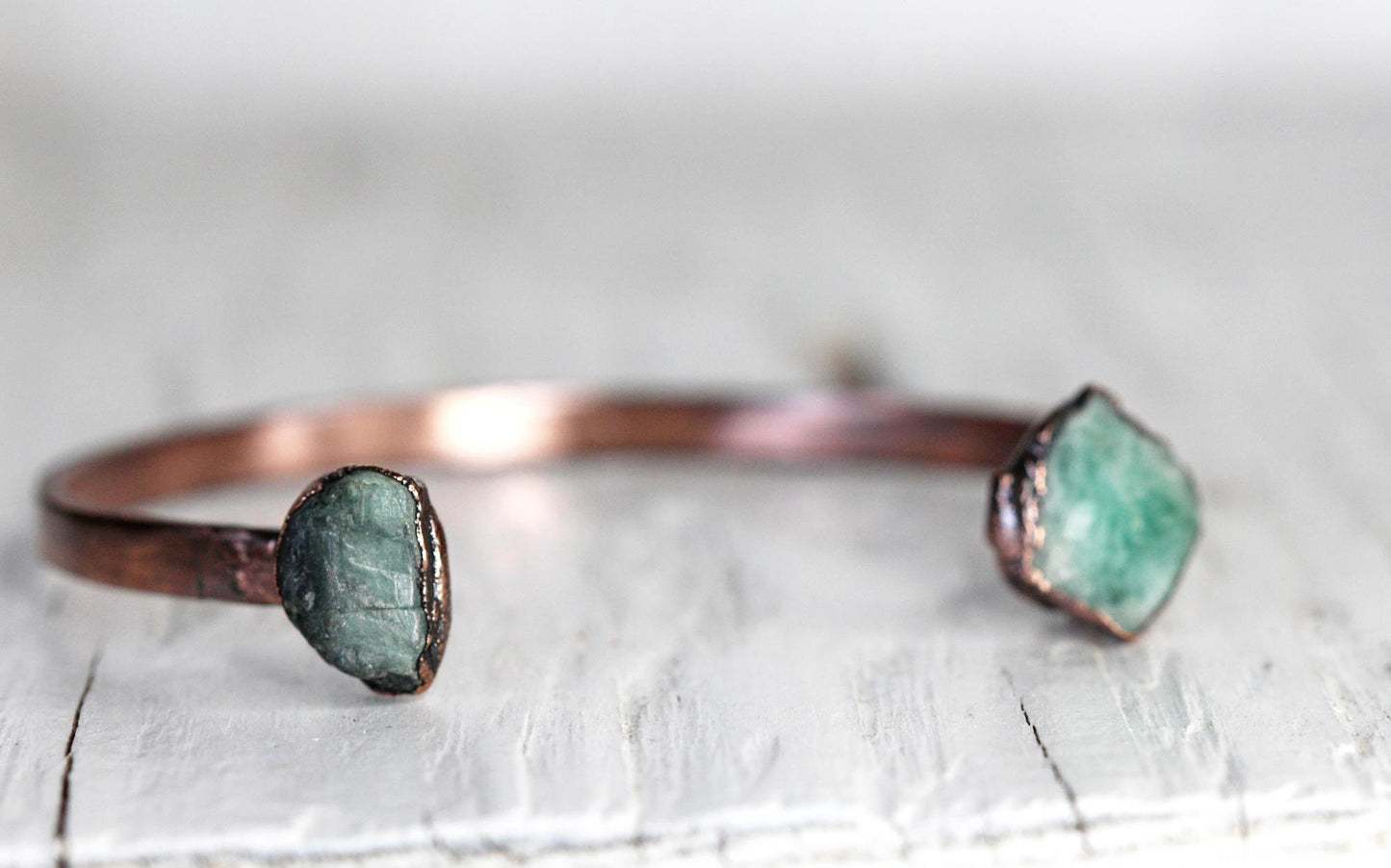 Raw Emerald Bracelet - May Birthstone - Open Copper Cuff - Raw Crystal Bracelet - Double Stone Bracelet