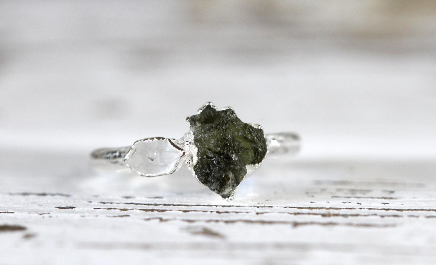 Moldavite Ring - Herkimer Diamond - Natural Green Crystal - Tektite Jewelry