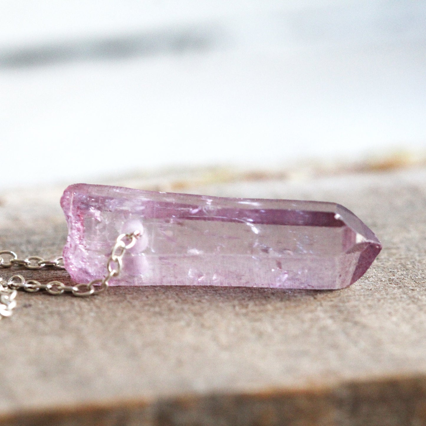 Aura Crystal Pendant - Sterling Silver Chain - Pink Quartz Necklace