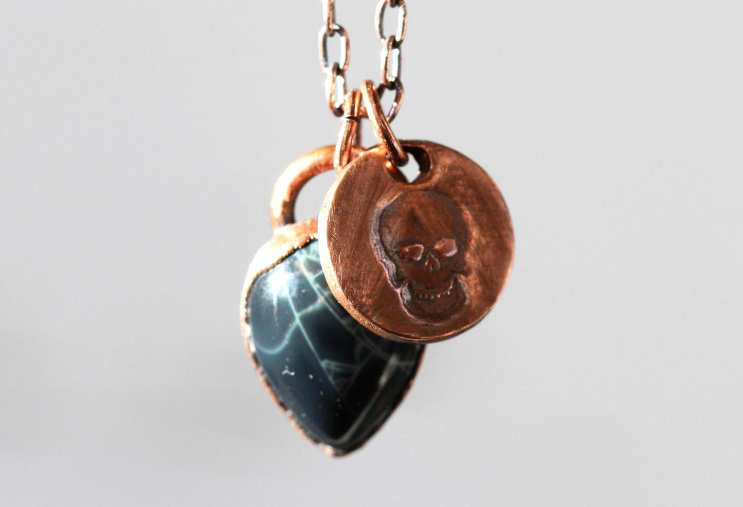 Spiderweb Obsidian Necklace - Charm Necklace - Skull Pendant - Electroformed Jewelry