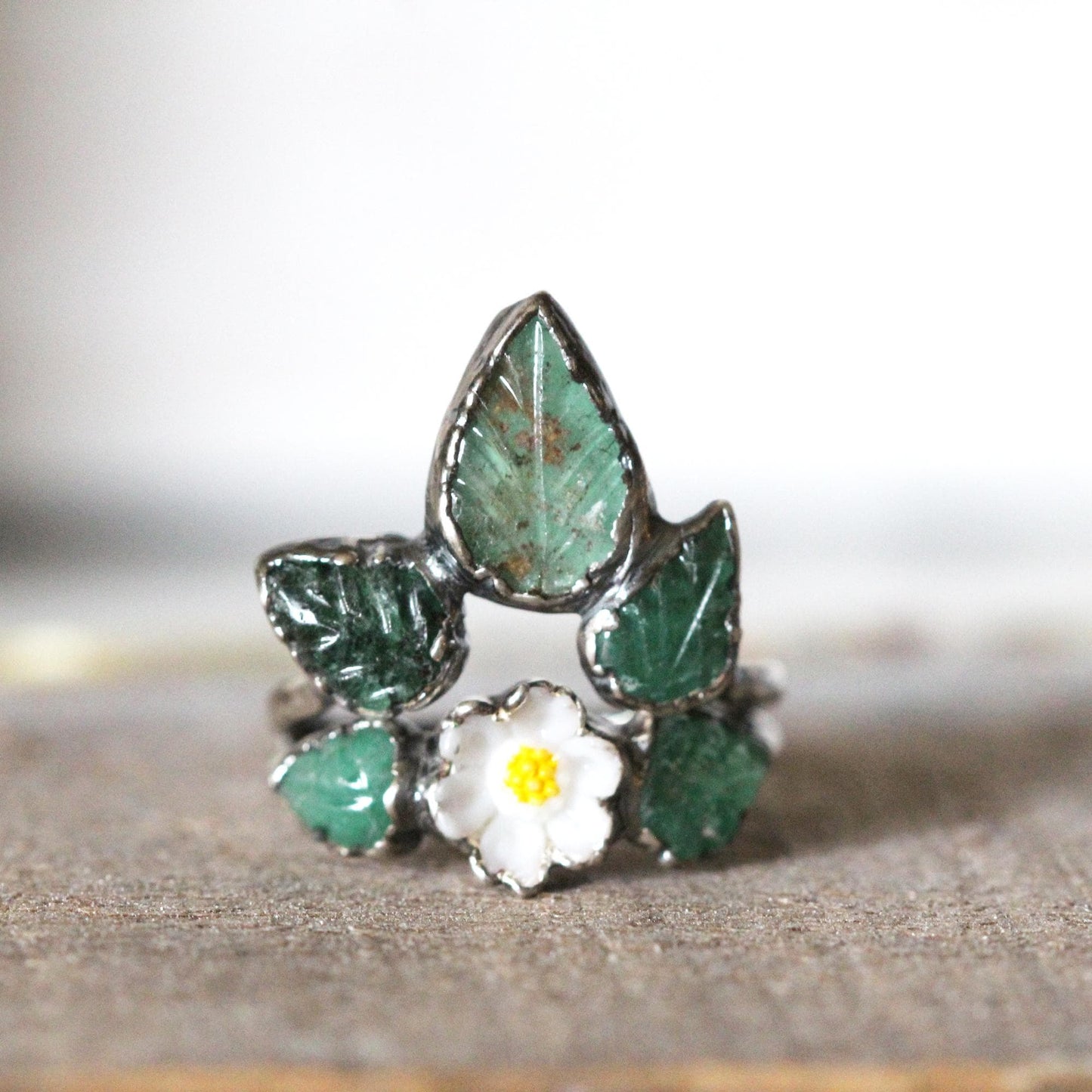 Emerald Wedding Ring Set - Floral Theme - Spring Wedding