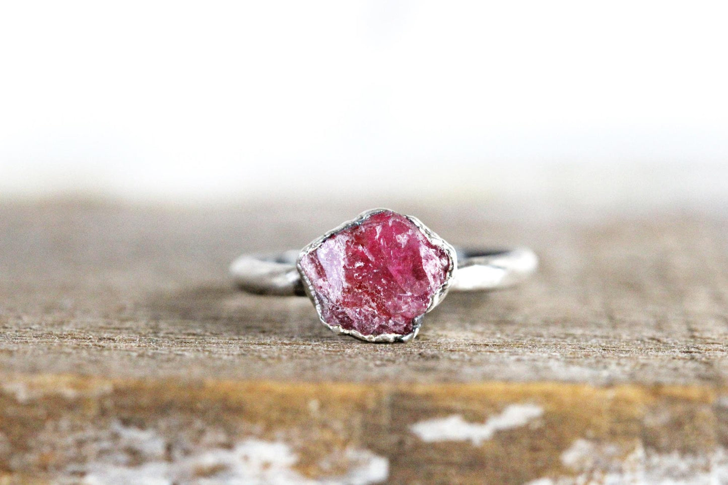 Rhodonite Ring - Raw Pink Crystal - Solitaire Ring - Electroformed Jewelry