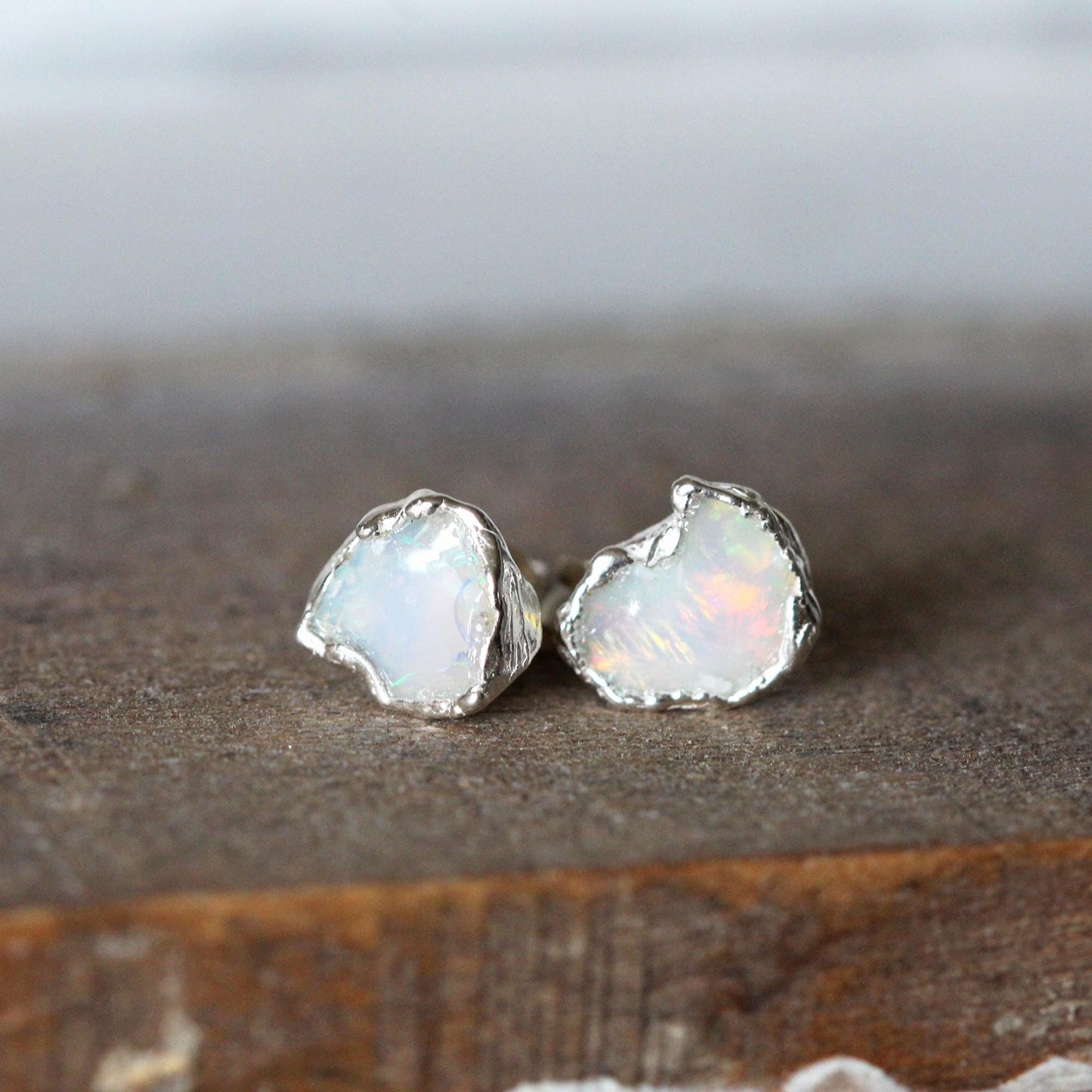 Opal Earrings - Raw Stone Studs - Rough Ethiopian Opal