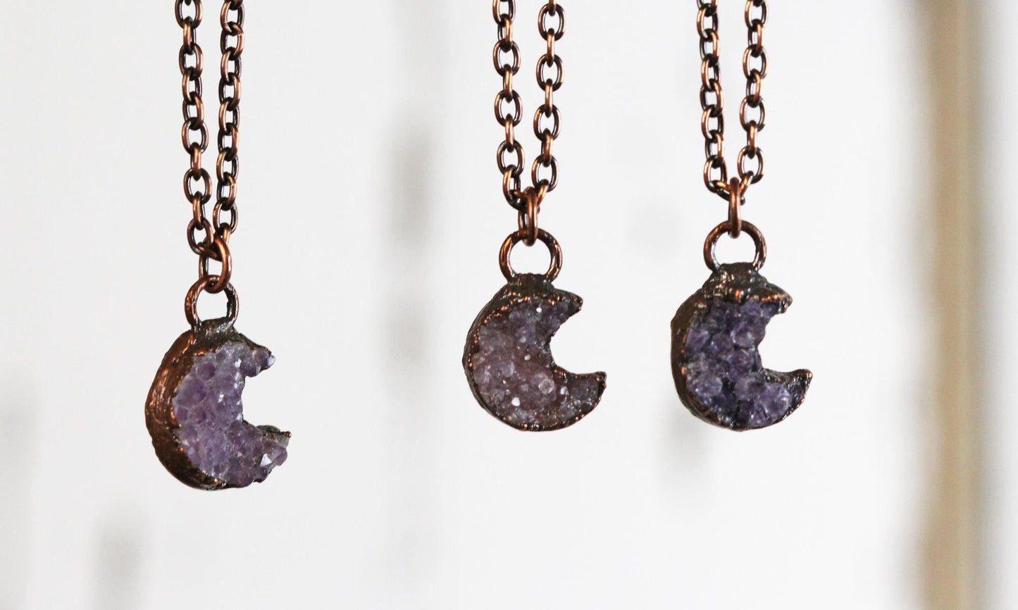 Amethyst Necklace - Raw Amethyst Pendant - Half Moon Necklace - Crescent Moon Jewelry - Electroformed Jewelry