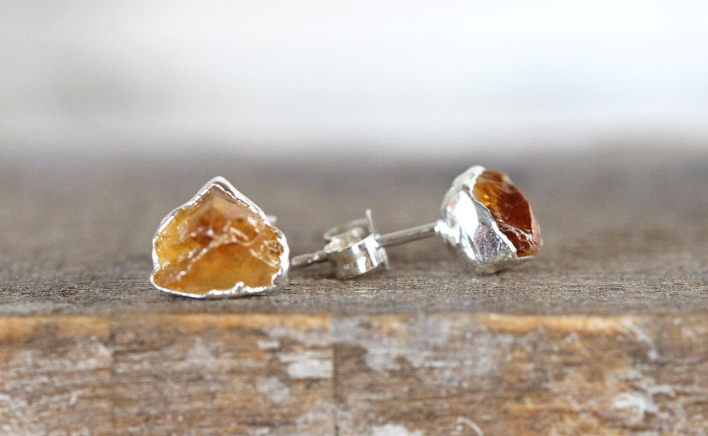 Citrine Earrings - Rough Crystal Studs - November Birthstone Earrings - Raw Crystal Studs - Sterling Silver Post Earrings