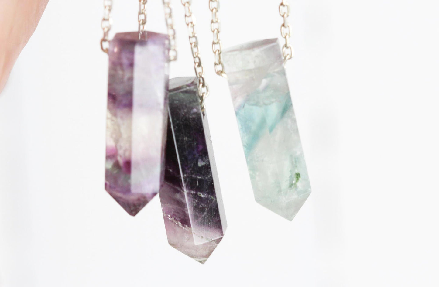 Rainbow Fluorite Necklace - Fluorite Point Pendant - Silver Layering Necklace