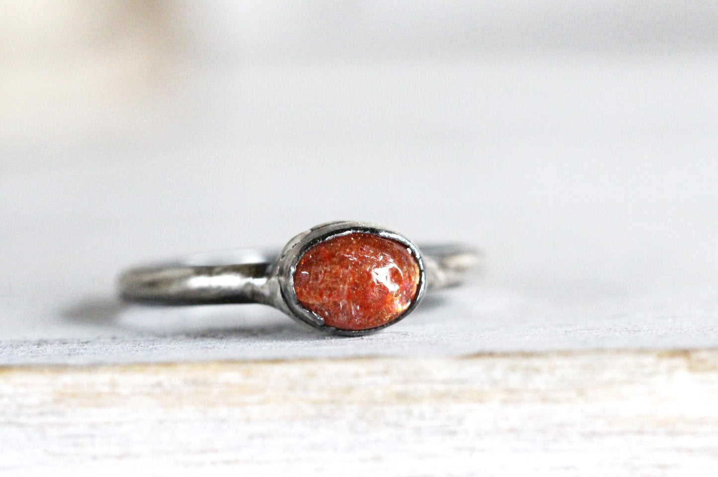Polished Sunstone Ring - Simple Stacking Ring - Orange Gemstone