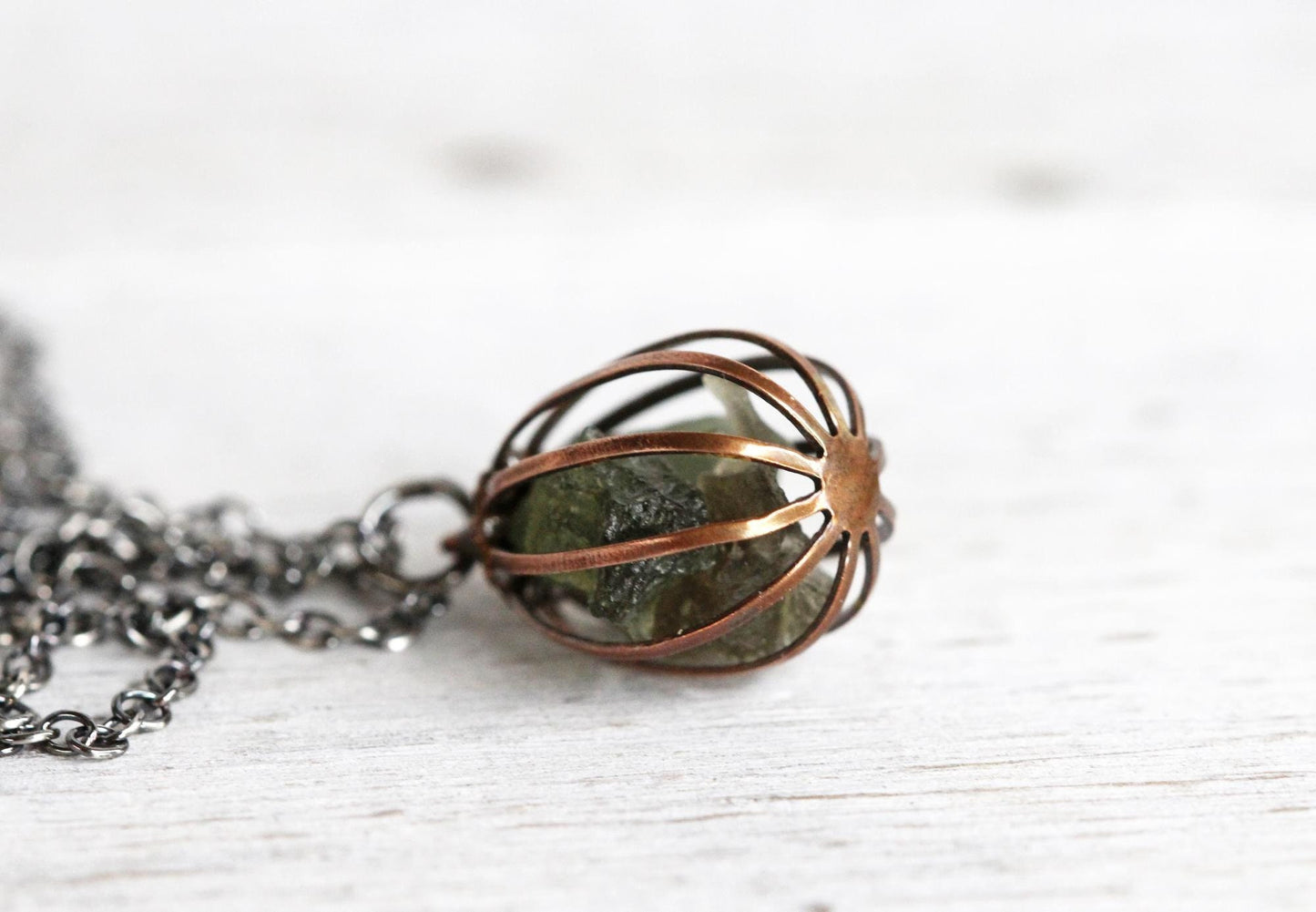 Moldavite Pendant - Vintage Cage Necklace - Mixed Metal Jewelry