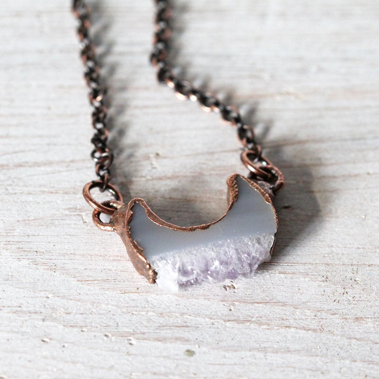 Raw Amethyst Necklace - Crystal Pendant - Half Moon Pendant - Druzy Crystal - Crescent Moon