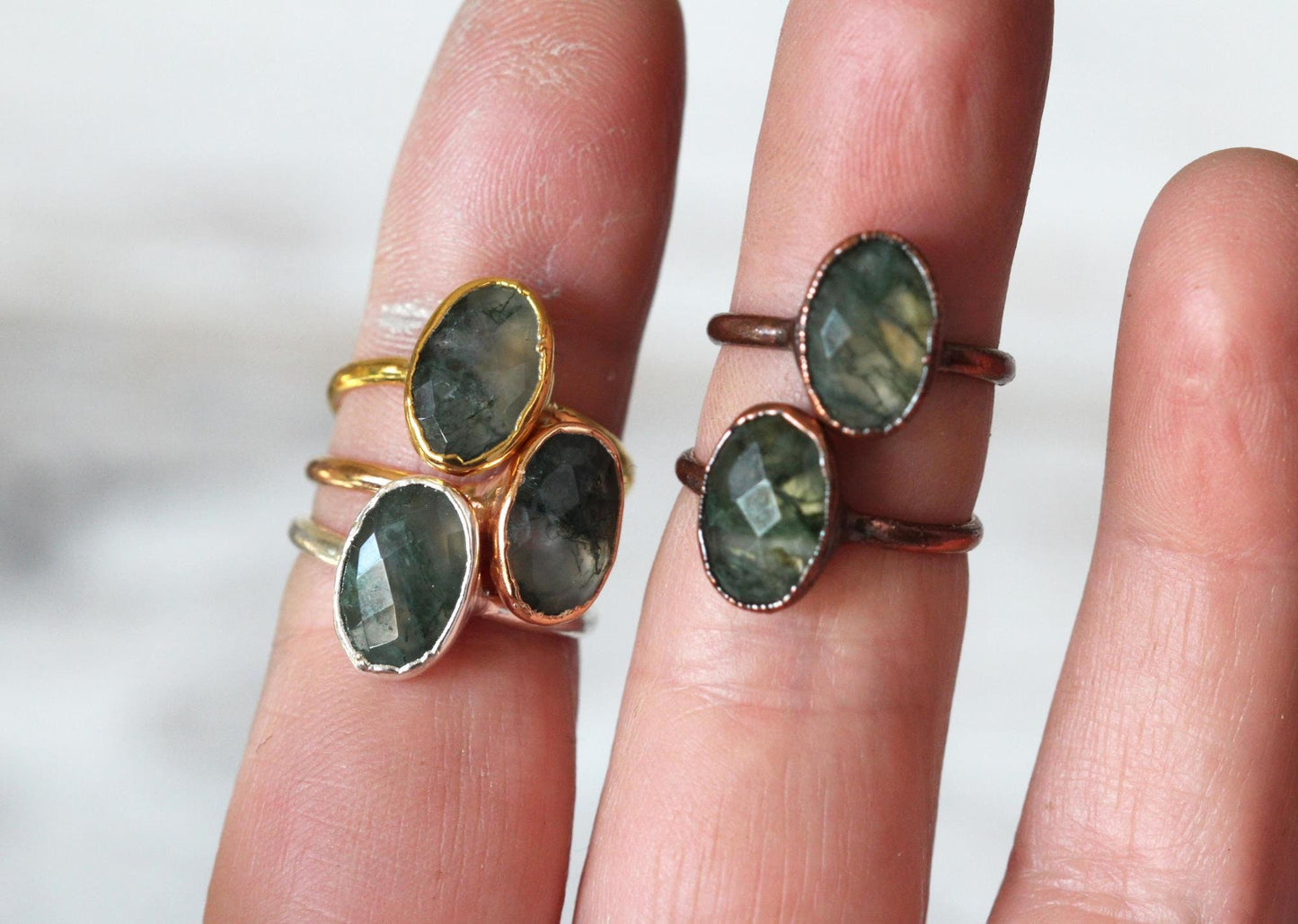 Moss Agate Ring - Faceted Oval Stone - Electroformed Jewelry