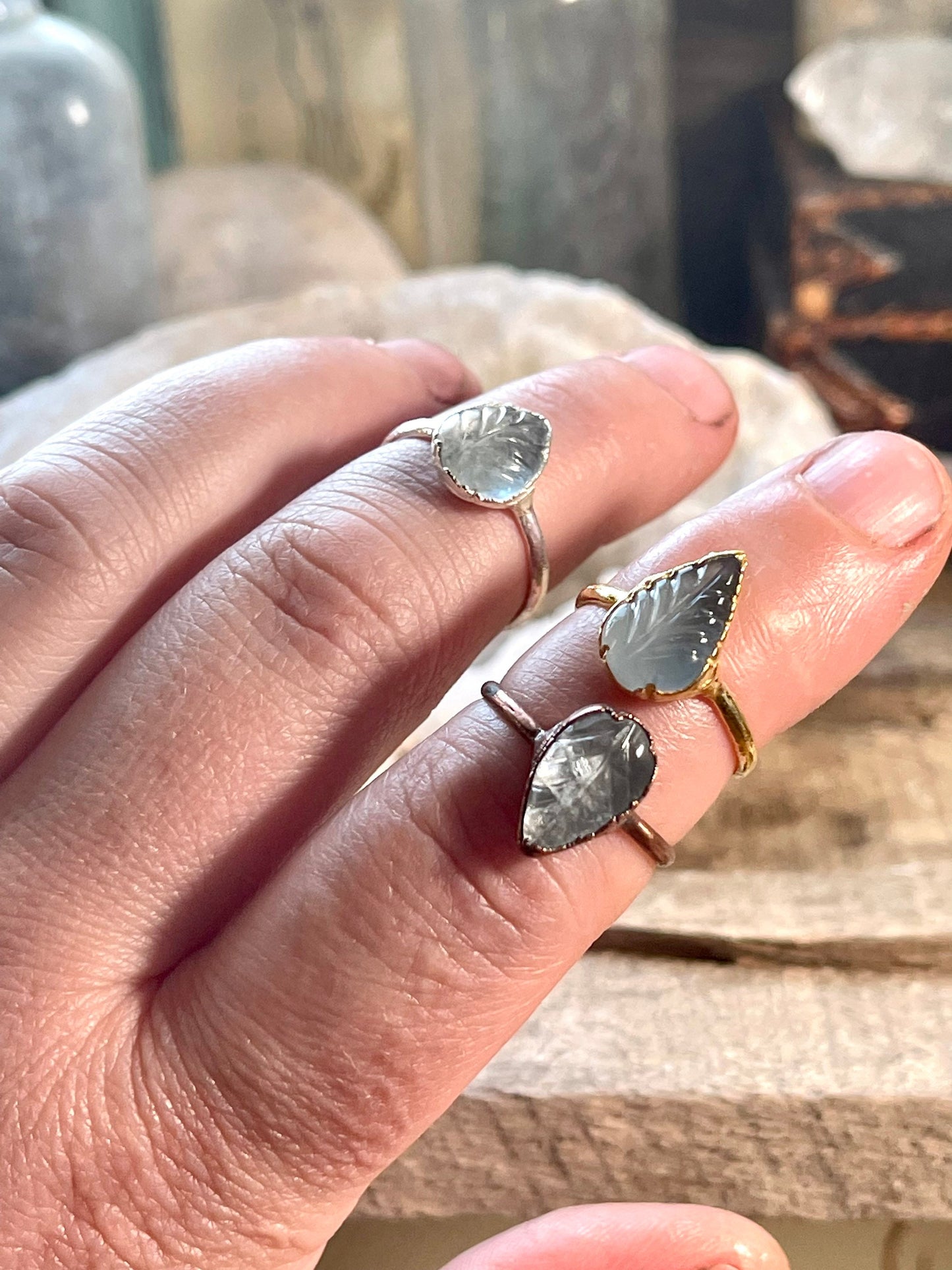 Aquamarine Leaf Ring - Carved Crystal - March Birthstone Jewelry