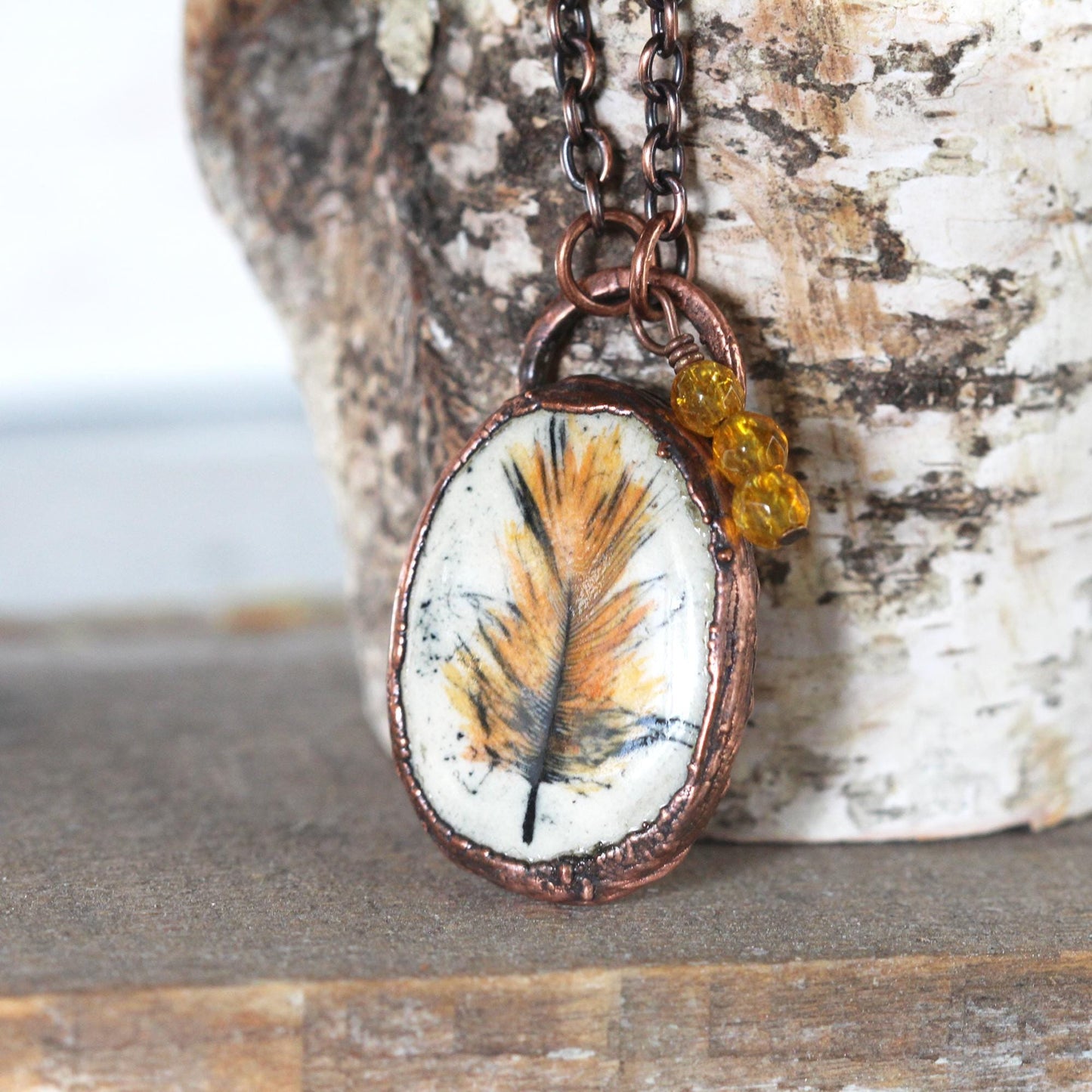Ceramic Necklace - Feather Pendant - Citrine Jewelry
