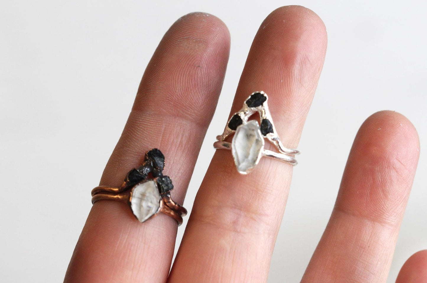 Black Tourmaline Ring Set - Chevron Wedding Set - Raw Stone Engagement Ring